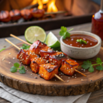 Grilled chicken skewers with honey sriracha glaze on a plate with lime wedges.