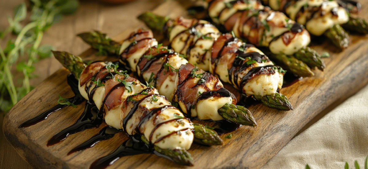 Prosciutto and Havarti Asparagus Bites with Balsamic Drizzle