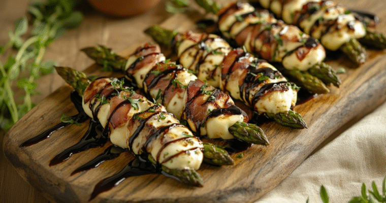 Prosciutto and Havarti Asparagus Bites with Balsamic Drizzle