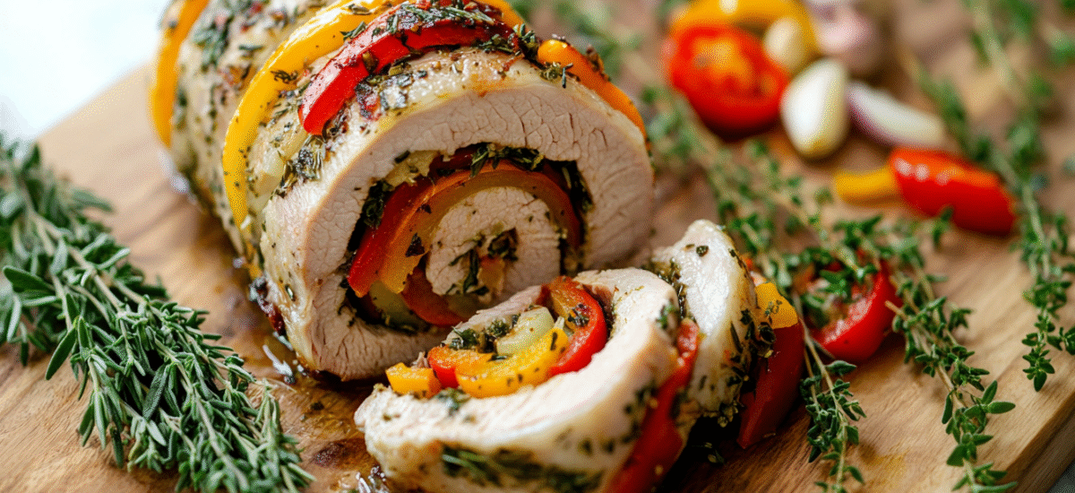 Herb-Stuffed Rolled Pork Loin Roast with Peppers and Onions