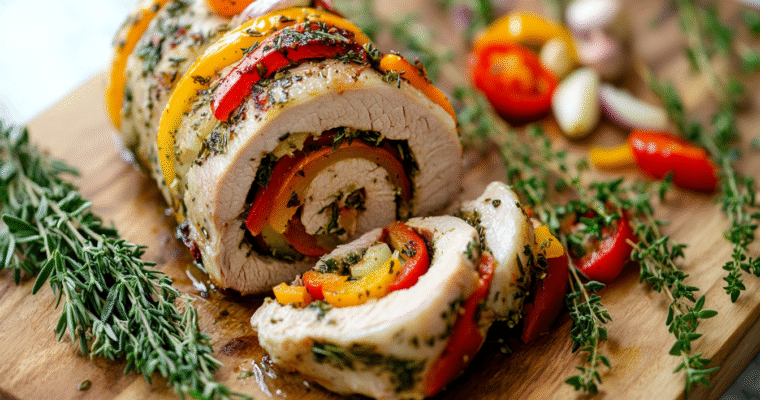 Herb-Stuffed Rolled Pork Loin Roast with Peppers and Onions