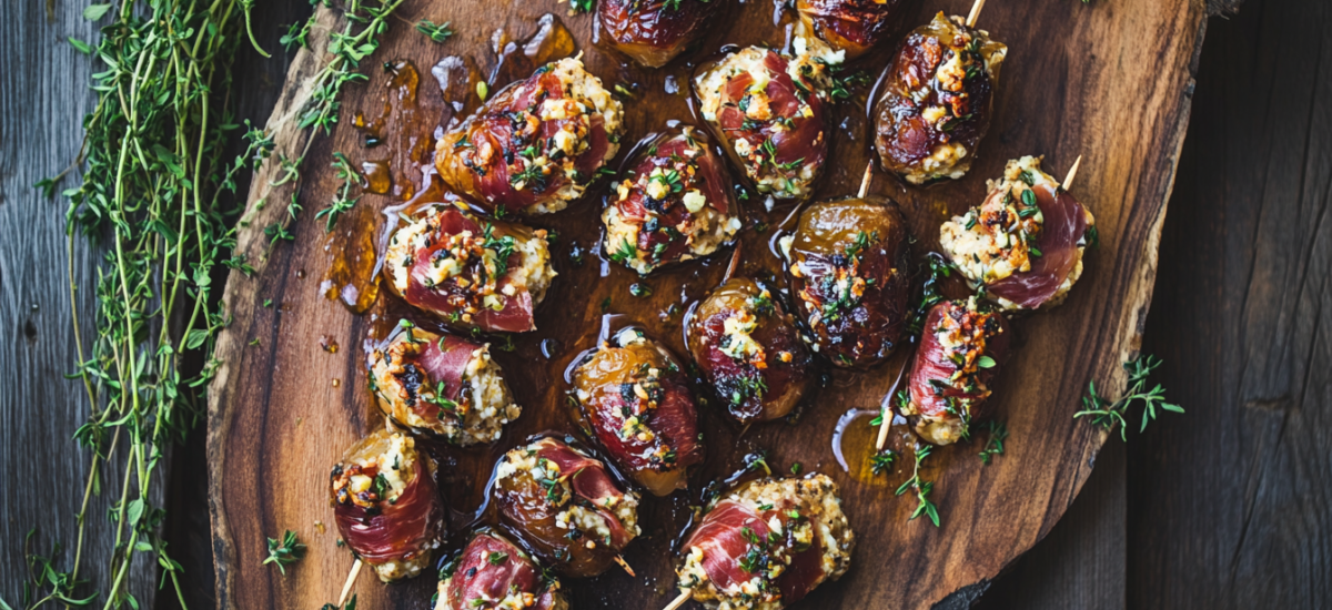 Goat Cheese Stuffed Dated Wrapped in Prosciutto